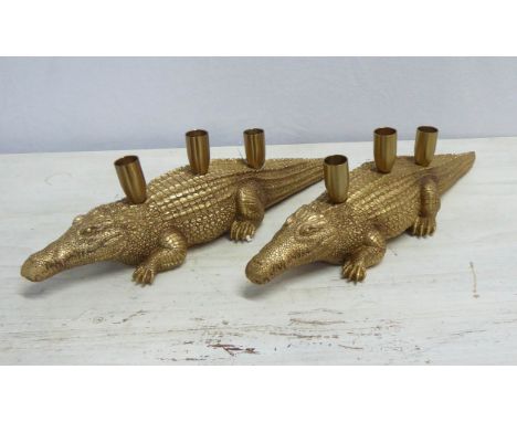 CROCODILE TABLE CANDELABRA, a pair, gilt finish, three branch, 45cm L. (2) 