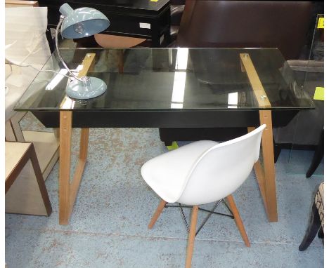 DESK SET, including desk 125cm x 65cm x 78cm approx, desk lamp and a chair after Charles and Ray Eames DSW style. (3) 