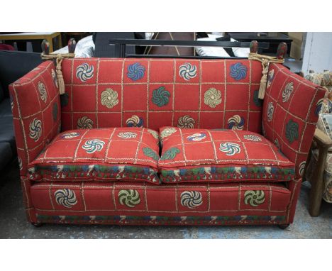 KNOLE SOFA, red check and spiral flower patterned upholstery with drop ends and twin seat cushions, 103cm H x 165cm x 78cm. 