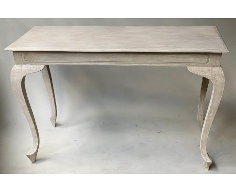 CONSOLE TABLE, vintage French grey painted rectangular with cabriole shaped supports, 120cm x 54cm x 77cm H. 