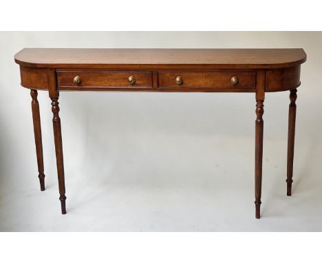 HALL TABLE/CONSOLE, George III design satinwood with rounded ends and two frieze drawers, 137cm x 33cm D x 76cm H. 