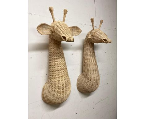 RATTAN GIRAFFE TROPHY HEADS, a pair, handmade, 81cm H. (2) 