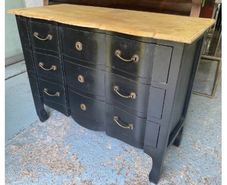COMMODE, French style ebonised with three long drawers, 85cm H x 110cm x 48cm. (with faults) 