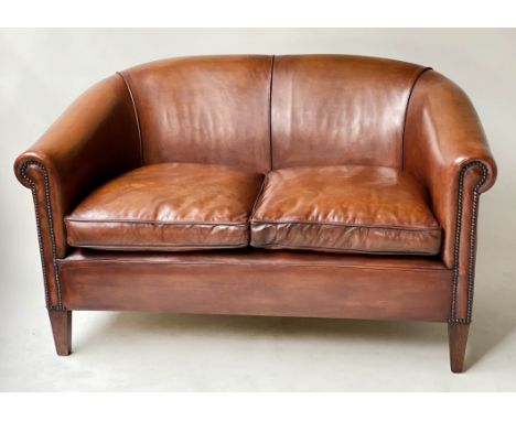 SOFA, Edwardian style brass nailed tan leather with rounded back and square tapering supports, 142cm W. 