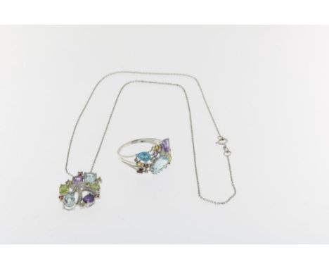 White gold cluster ring and matching pendant with fine white gold  necklace, set with gemstones, a.o. amethyst, topaz and gar