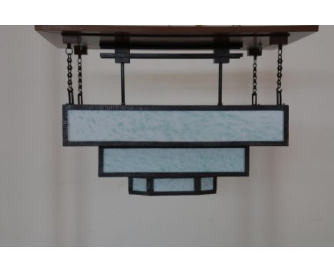 Palissander Art Deco plafond lamp met opaline glazen panelen in  ijzeren frame, Frankrijk ca. 1920, h. 40, br. 75, d. 55 cm.