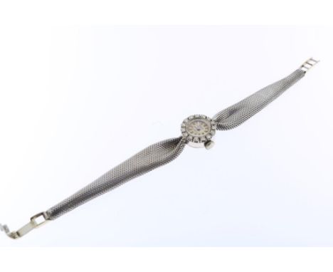 White gold ladies wristwatch, manual winding, Lucardi, ca.  1950-1970, set with 15 brilliant cut diamonds, total ca. 0.60  ct