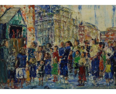 OLDENHAVE, ARNOLDUS (1905-1997), signed l.r. ,, spectators at puppet theater on the Dam in Amsterdam, oil on  canvas 19 x 24 