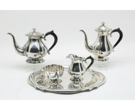 Silver tea and coffee service with tray, import mark D. Aubert,  835/000, gross w. ca. 2200 gr., width tray 37 cm.Vijfdelig z