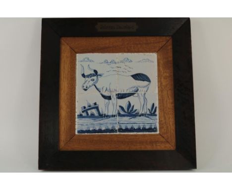 Pottery tile tableau with 4 tiles decorated with cow in  landschape, Friesland the Netherlands about 1800, 50 x 50 cm.Aardewe