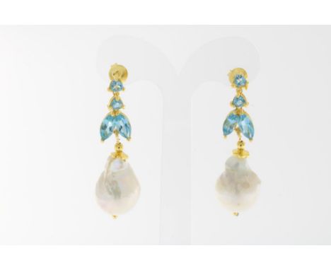 Pair of gilded silver earrings set with blue topaz and a  cultivated baroque pearl,925/000 silver, total gross w. 14.2 gr.,  