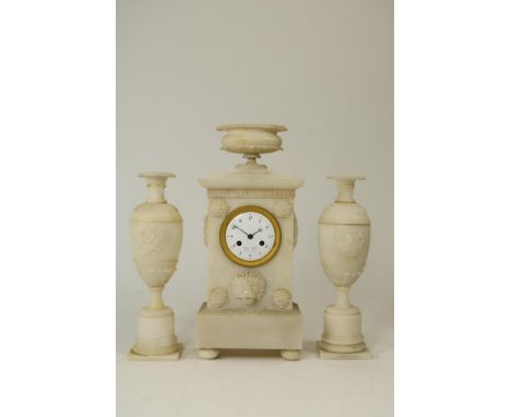 Alabaster Empire mantel clock, sign. Blanc fils palais royal  with 2 vases, France early 19th century. (chips)Empire pendule 