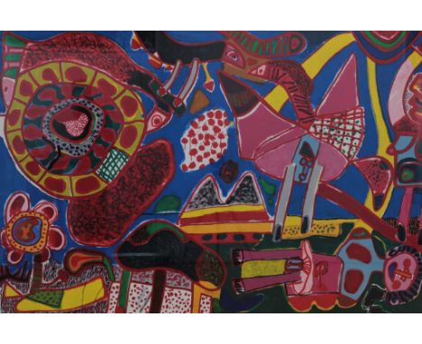 CORNEILLE (1922-2010), signed and dated '91 l.r., composition with figures and birds, large screen print 40/200 120  x 180 cm
