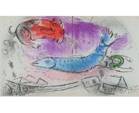 CHAGALL, MARC, after, composition with blue fish,  lithograph 23 x 40 cm. - published by Lassaigne, Paris 1957-CHAGALL, MARC,