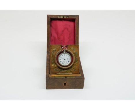 Silver lady's pocketwatch in painted display and travel case,  import marks London after 1975, Swiss movement with blue hands
