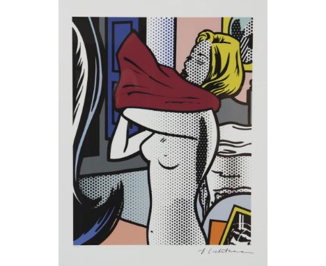 Dressing woman, after Lichtenstein, serigraph 75 x 55 cm.Zich kledende vrouw, naar Lichtenstein, serigrafie 75 x 55 cm.