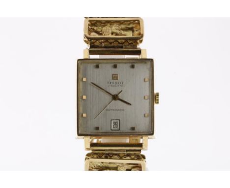 Yellow gold wristwatch with square case, automatic, Tissot, model  Visodate, with golden strap consisting of nine panels depi