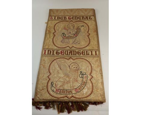 Silk religious tapestry with the 4 Evangelists, Johannes (Eagle),  Matheus (Human), Marcus (Lion), Lucas (Bull) 270 x 54 cm. 