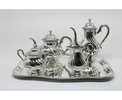 Silver service, tea, coffee, milk and sugar, with ivory discs, mm  F. Goldschmidt, Germany, 800/000, gross w. 2034 gr., heigh