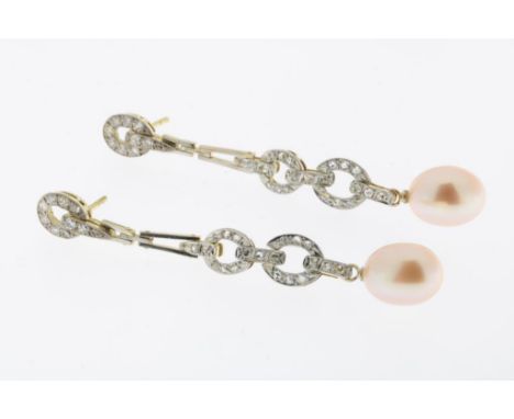Yellow gold and platimun earrings set with diamonds and light  pink cultivated pearl drops, 750/000 and 950/000, gross w. 12.