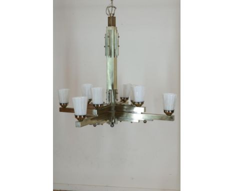 Verchroomde Art Deco 8-lichts hanglamp met opaline glazen kapjes,  h. 78 cm.