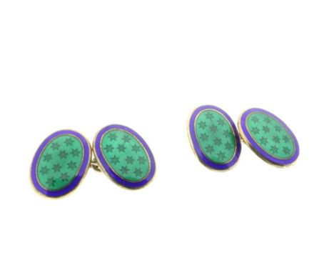 Set silver cufflinks, with blue and green enamel, English,  925/000, gross w. 13 gr., length 2 cm.Set zilveren manchetknopen 
