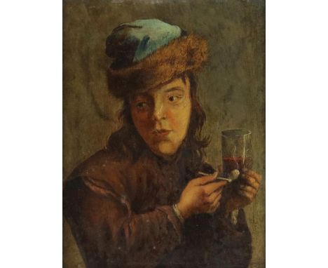 Unknown, not signed,  young man smoking a pipe, panel 18 x 24 cm.Onbekend, zonder signatuur, vermoed. 18e eeuw, rokende jonge