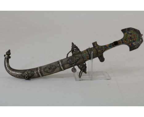 Arabic/North African curved knife, a 'Koumaya', in brass  scabbard, front decorated with engraved silver sheeting, inlayed  w