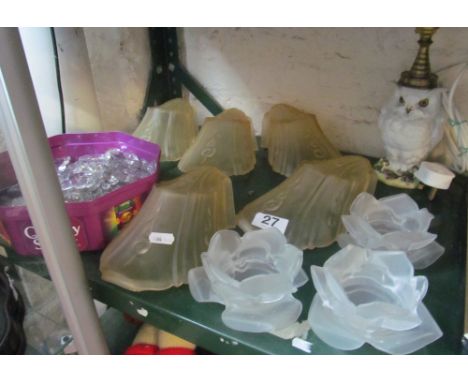 Five Art Deco style glass shades, some lustres, a pottery owl lamp (a/f) and three small white shades (one a/f)