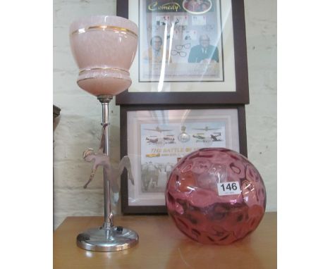 A Chrome Art Deco lamp with figure of a lady and pink shade and four other glass shades