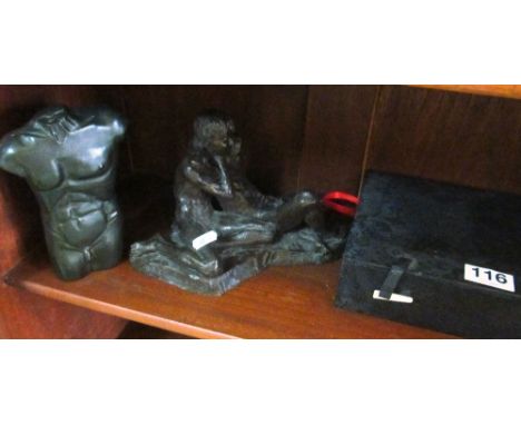 A resin model male torso, resin figure two males and a box of four souvenir terracotta army figures