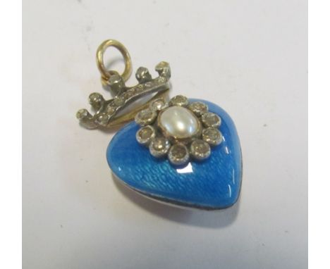 A blue enamel heart shaped pendant with crown top set seed pearls and rose diamondd