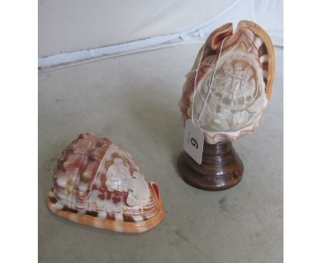 A carved conch shell with Italian cameo carving and similar lamp