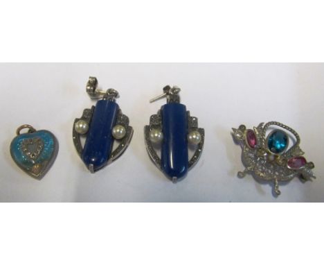 A blue enamel heart shaped pendant (s/a/f), pair of earrings, brooch and a pearl necklace (a/f)