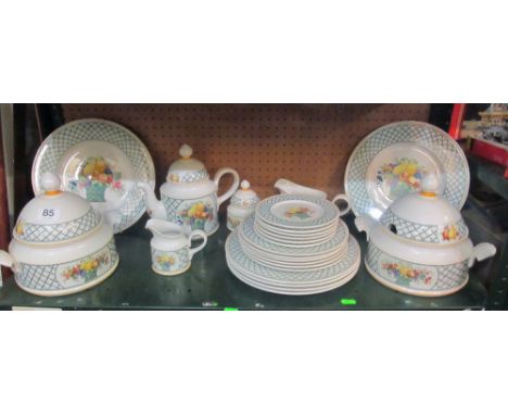 A Villeroy &amp; Boch 'Basket' pattern dinner service:- six dinner plates, teapot, two lidded tureens, six dessert plates, si