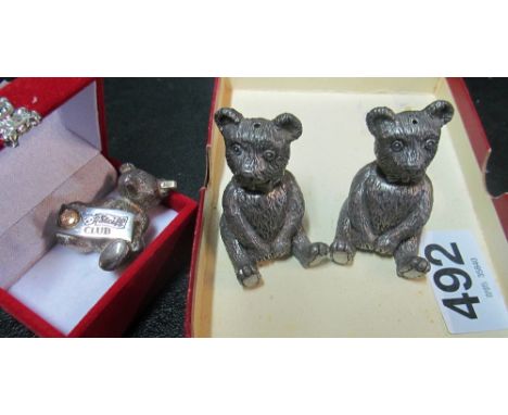 A Steiff Bear Club badge and pair silver plate bear salt and pepper