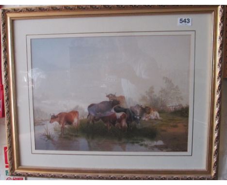 After Thomas Sidney Cooper - print cows by stream in gilt frame