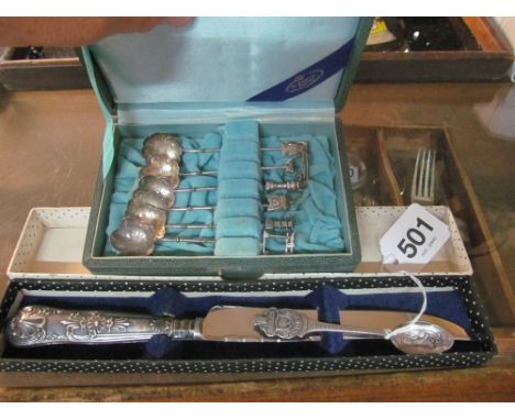 A set of six Sterling silver spoons with pagoda and other terminals, silver handled cake slice and a Rolex spoon