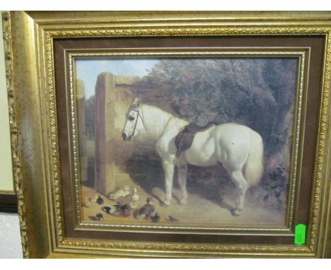 Annabel Fairfax - signed print chicken, oleograph horse in stable and two prints cats
