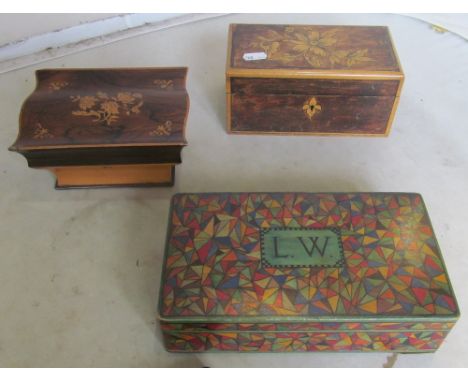 A teacaddy with poker work top, inlaid trinket box and a painted card box