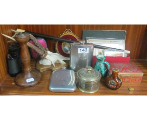 Some Victorian portrait photos, wall mounted antlers, hip flasks, baton et cetera
