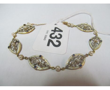A pretty bracelet with enamel links, pearls and blue stones