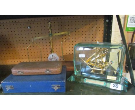 A set brass scales and weights, plated fish knives and forks (boxed), manicure set and a galleon in presentation case