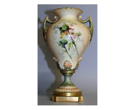 A Royal Worcester blush ivory two handled vase, painted with thistles in Raby style.