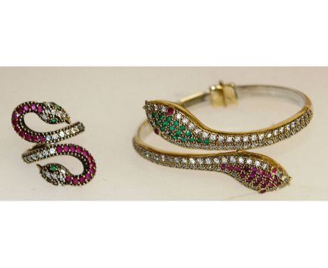 A silver gilt snake ring and bangle.