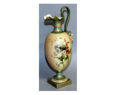 A Royal Worcester blush ivory ewer, satyr mask handles painted with thistles in Raby style.