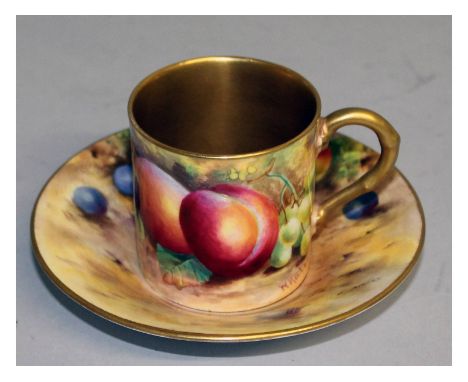 A Royal Worcester fruit painted coffee can and saucer, signed by Hale and Ayrton, puce mark, matching date code.