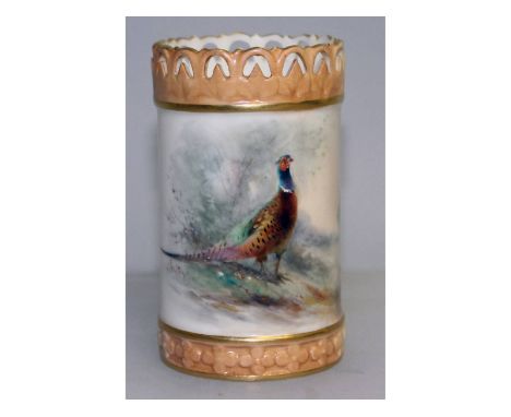 A Royal Worcester spill vase with pierced rim painted with a pheasant by James Stinton, signed, green mark.