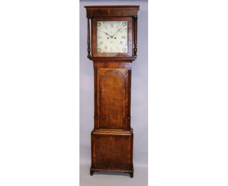 An 18th century oak and mahogany longcase clock with eight day movement and painted square dial. 6ft 8ins high.