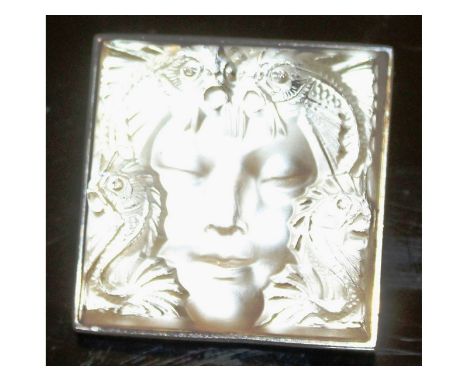 A rare Lalique silver .925 mounted square brooch, with a face in relief. 3cms x 3cms.